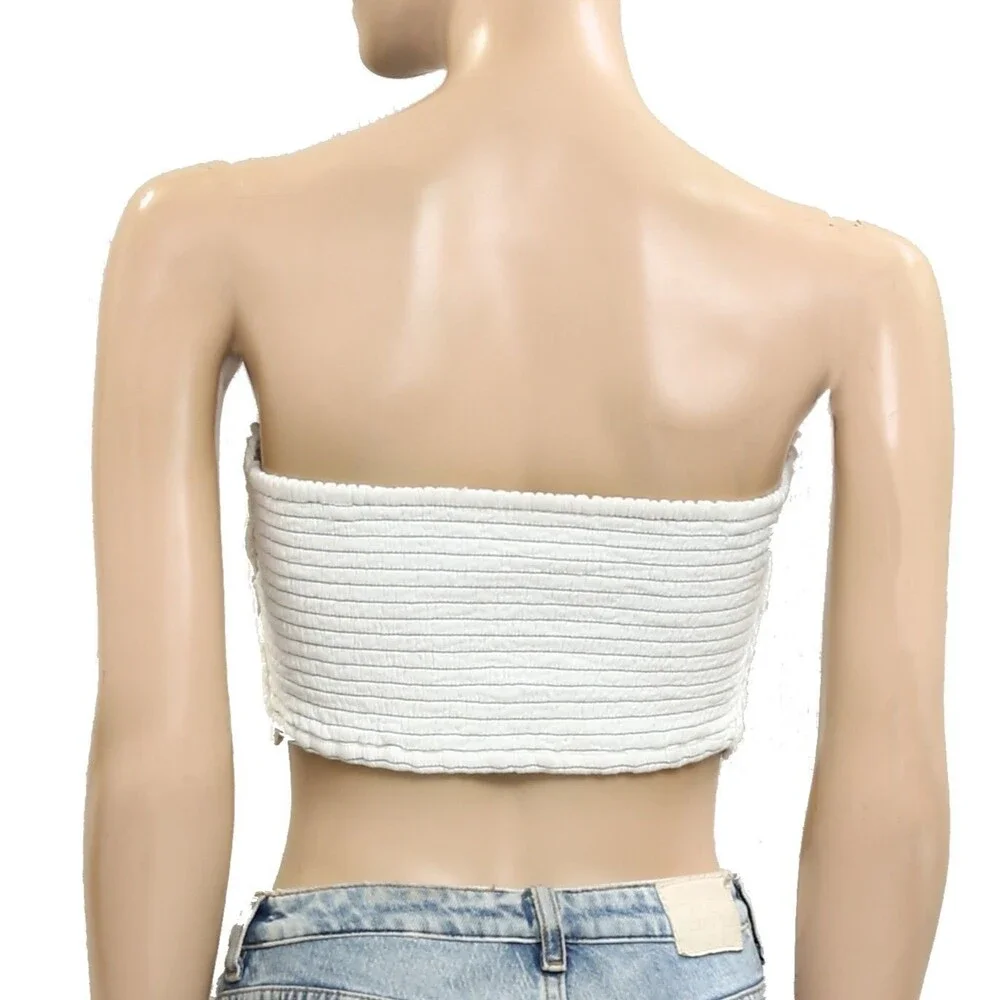 Free People Drift Away Blouse Tube Top Floral Crochet Smocked White S 279430